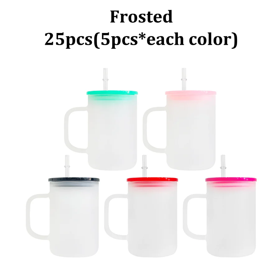 KOCDAM 25Pack 17oz Sublimation Clear Frosted Glass Mugs With Handle With Plastic Colored Lids And Plastic Straw