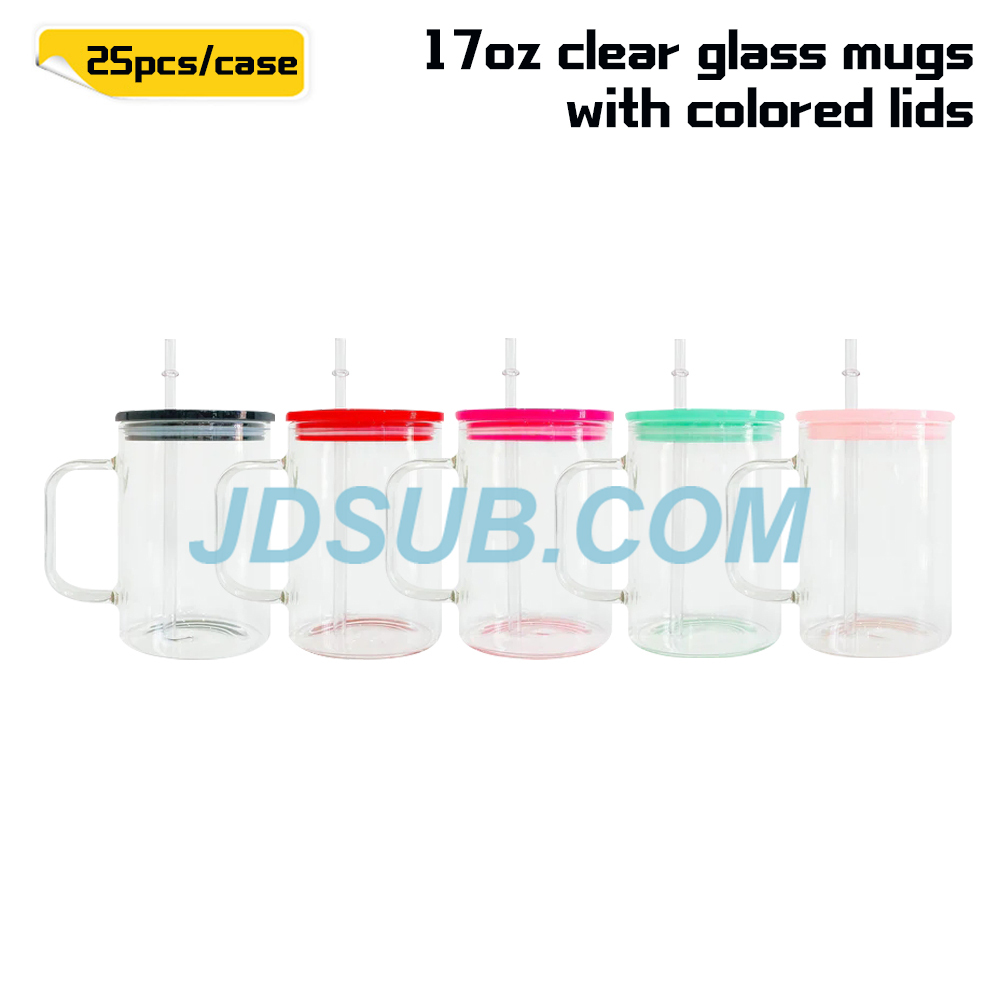 KOCDAM 25Pack 17oz Sublimation Clear Frosted Glass Mugs With Handle With Plastic Colored Lids And Plastic Straw