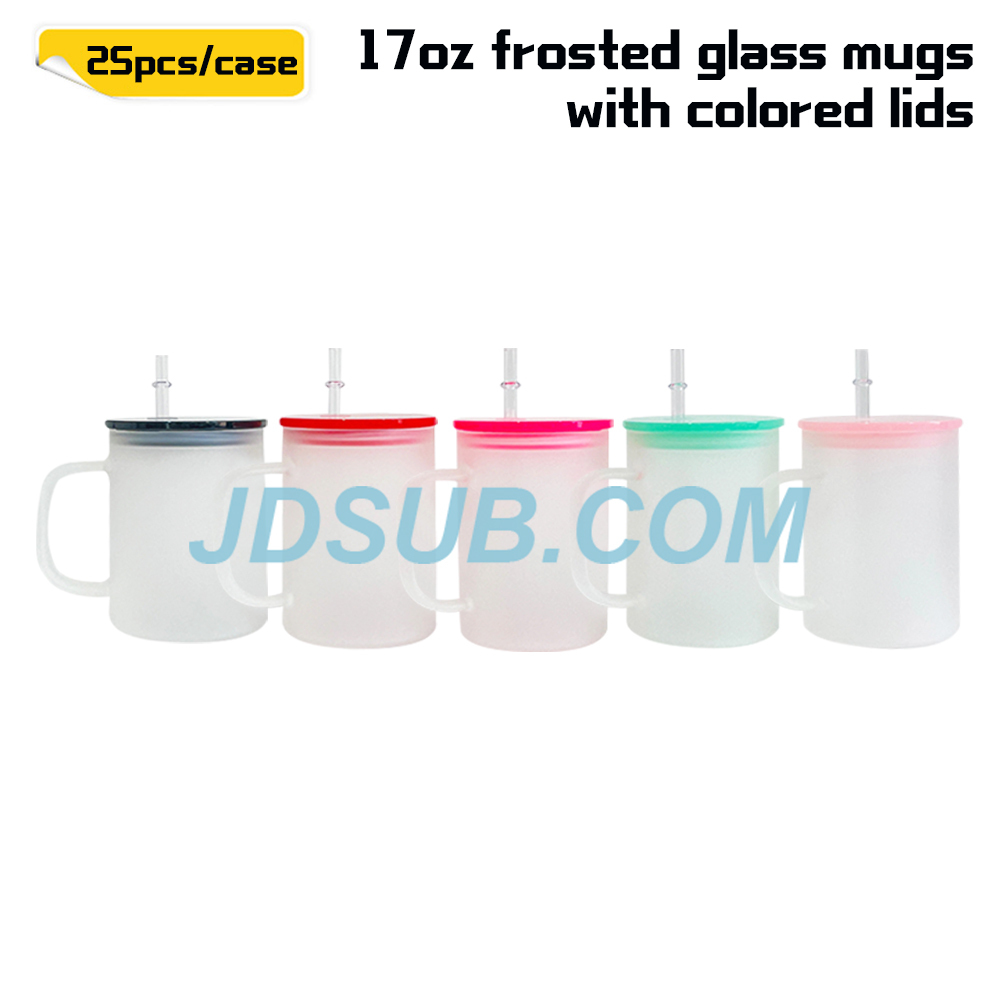 KOCDAM 25Pack 17oz Sublimation Clear Frosted Glass Mugs With Handle With Plastic Colored Lids And Plastic Straw