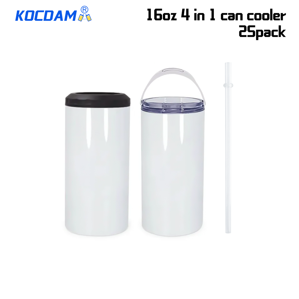 Kocdam 25 Pack 16oz 4 In 1 Sublimation Can Cooler Blanks With 2 Lids And Plastic Straws