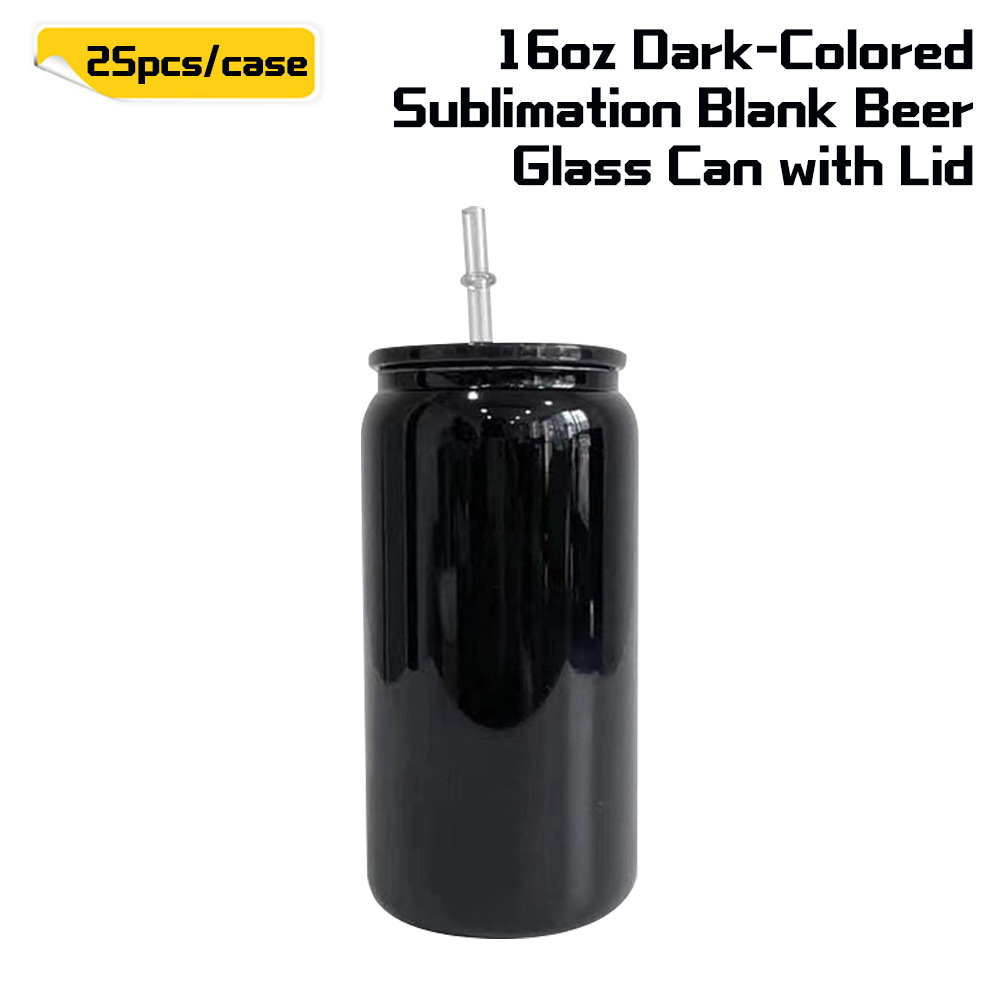 KOCDAM 25 Pack 16oz Sublimation Black Libby Glass Jar Can with plastic colored Lids and Plastic Straw