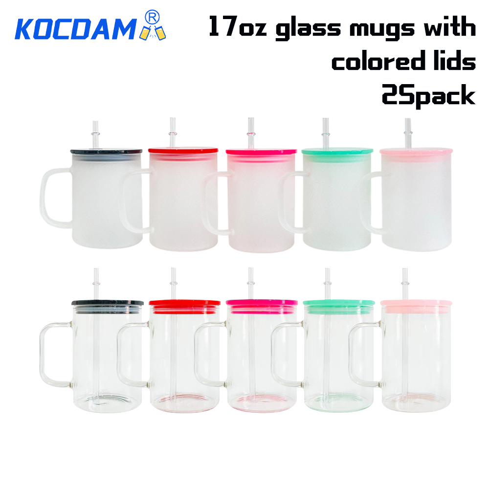 KOCDAM 25Pack 17oz Sublimation Clear Frosted Glass Mugs With Handle With Plastic Colored Lids And Plastic Straw