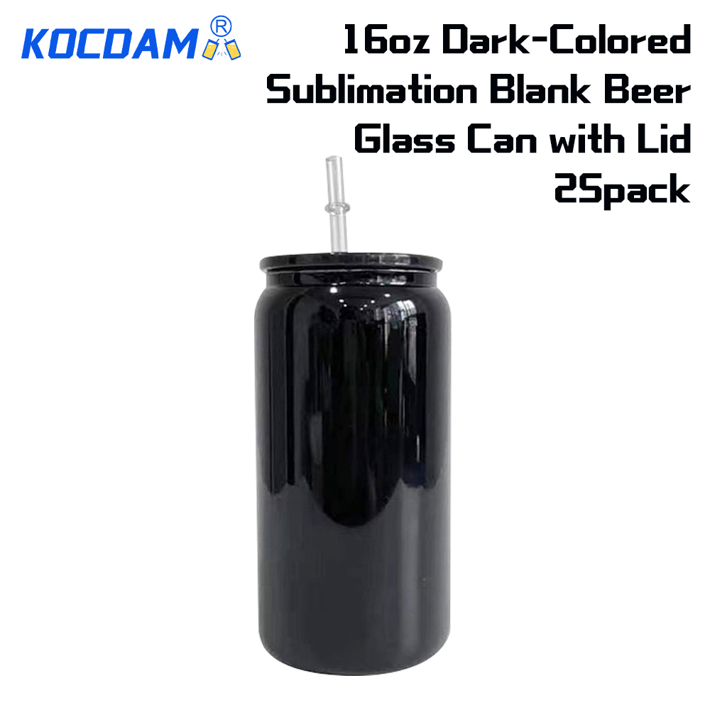 KOCDAM 25 Pack 16oz Sublimation Black Libby Glass Jar Can with plastic colored Lids and Plastic Straw