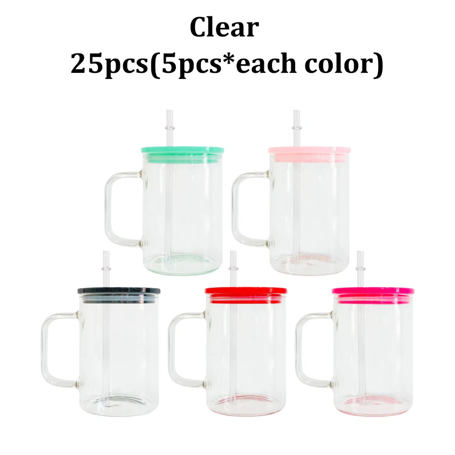 KOCDAM 25Pack 17oz Sublimation Clear Frosted Glass Mugs With Handle With Plastic Colored Lids And Plastic Straw
