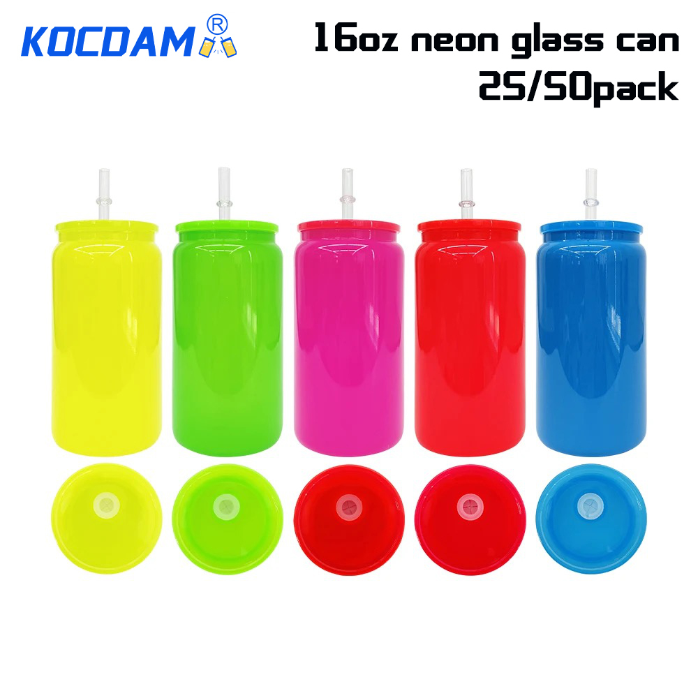 KOCDAM 25/50 Pack 16oz Sublimation Neon Colors Libby Glass Jar Can with plastic colored Lids and Plastic Straw