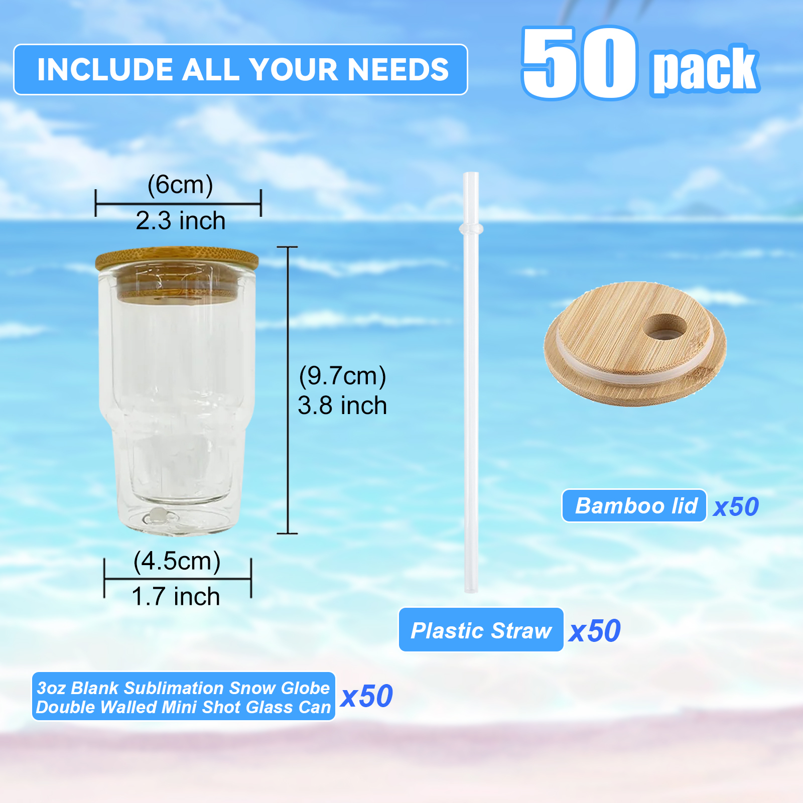 3oz Blank Sublimation Snow Globe Double Walled Mini Shot Glass Can With Lid And Straw