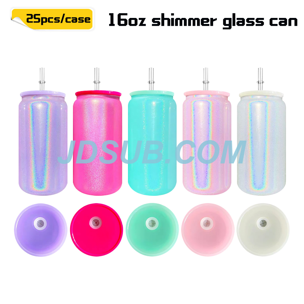 KOCDAM 25/50 Pack 16oz Sublimation Shimmer Glitter Libby Glass Jar Cans With Plastic  Lids and Plastic Straw