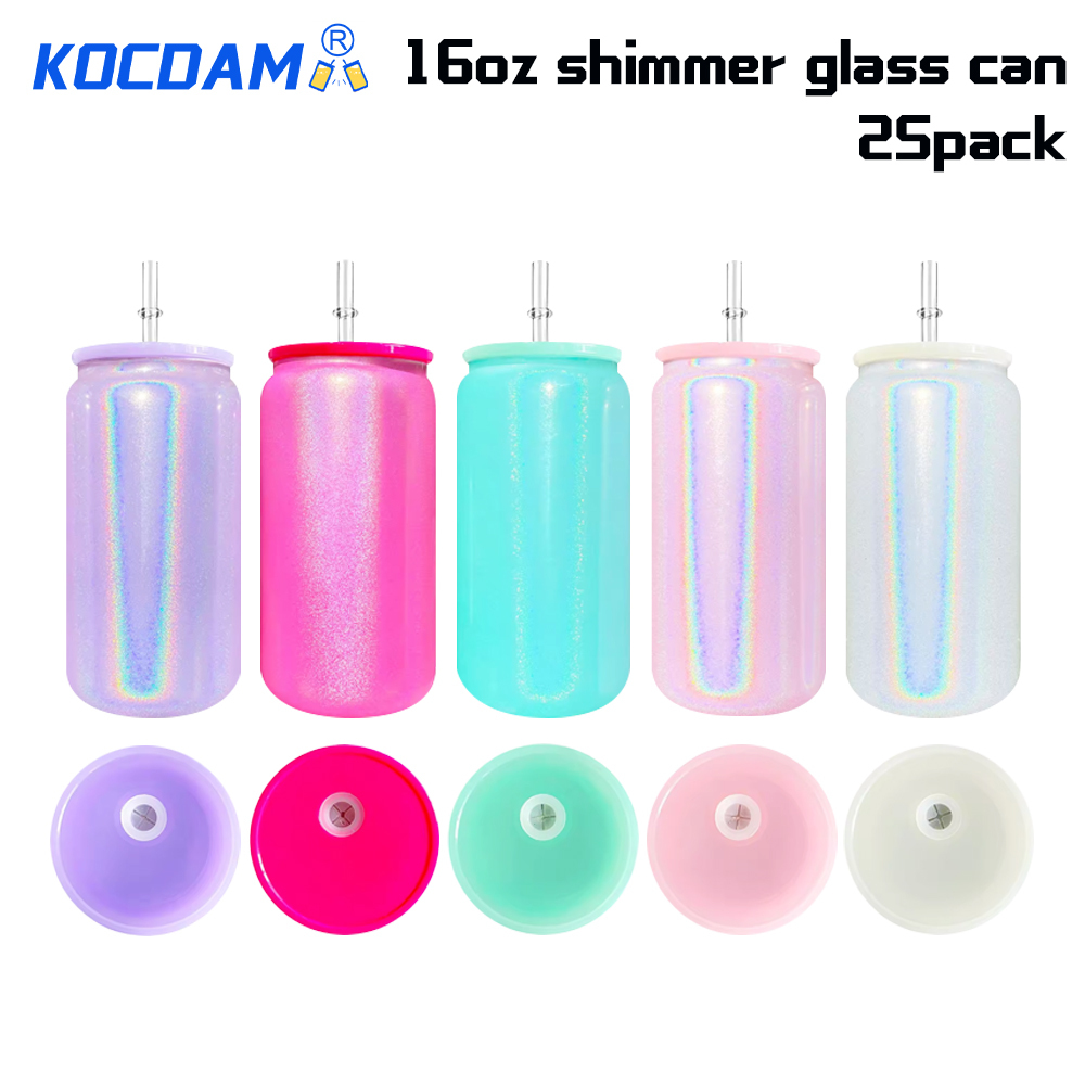 KOCDAM 25/50 Pack 16oz Sublimation Shimmer Glitter Libby Glass Jar Cans With Plastic  Lids and Plastic Straw