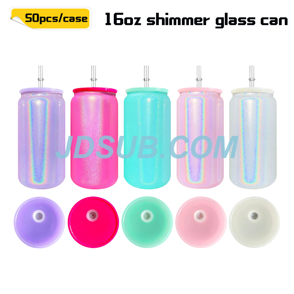 KOCDAM 25/50 Pack 16oz Sublimation Shimmer Glitter Libby Glass Jar Cans With Plastic  Lids and Plastic Straw
