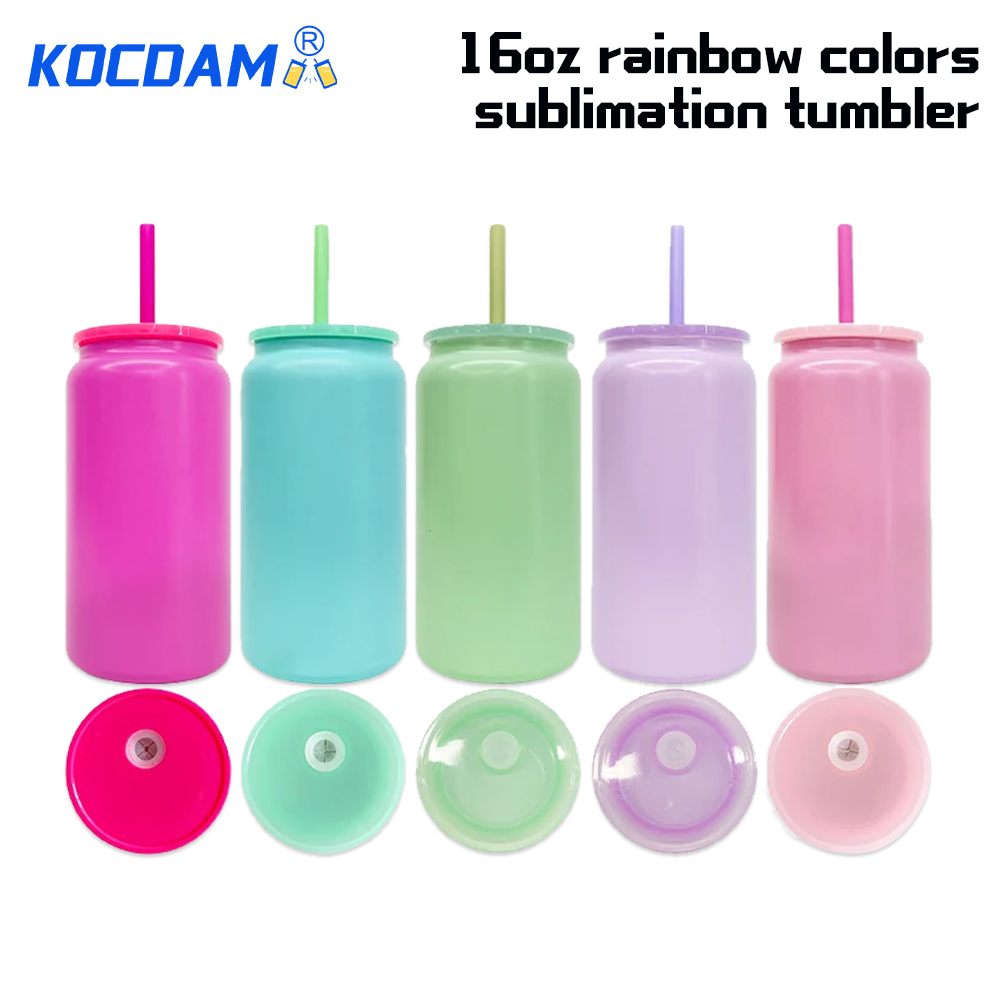KOCDAM 25 Pack 16oz Blank Rainbow Color Sublimation Vacuum Stainless Steel Can With Color Plastic Lids and Color straw
