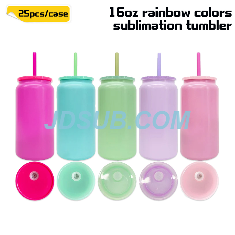 KOCDAM 25 Pack 16oz Blank Rainbow Color Sublimation Vacuum Stainless Steel Can With Color Plastic Lids and Color straw