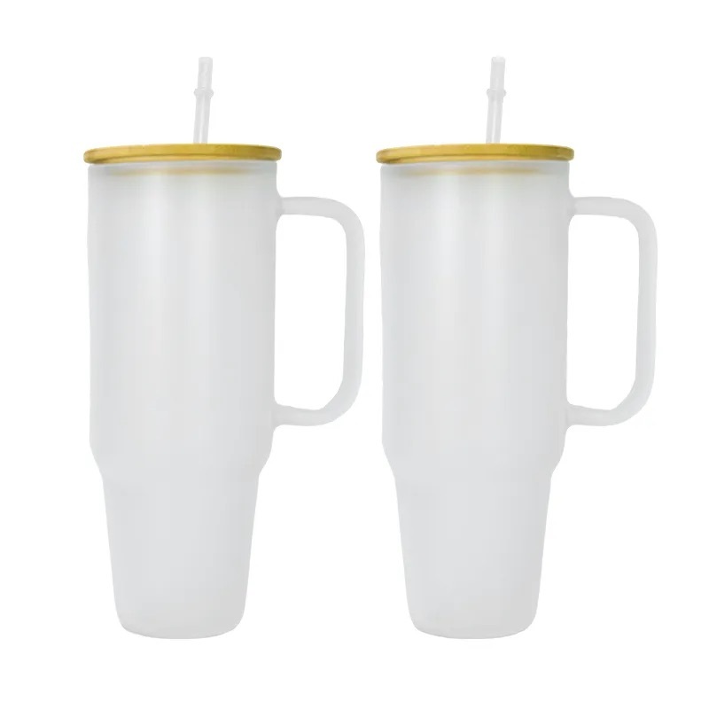 Kocdam 12pack 40oz Clear Frosted Mugs With Handles And Bamboo Lids