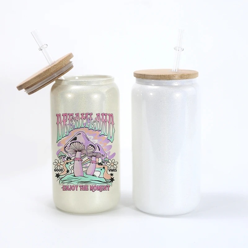 KOCDAM 25 Pack 16oz Blank Sublimation Shimmer Glass Can With Bamboo Lids And Plastic Straw