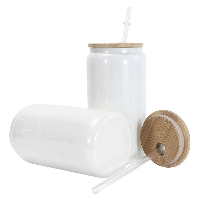 KOCDAM 25 Pack 16oz Blank Sublimation Shimmer Glass Can With Bamboo Lids And Plastic Straw
