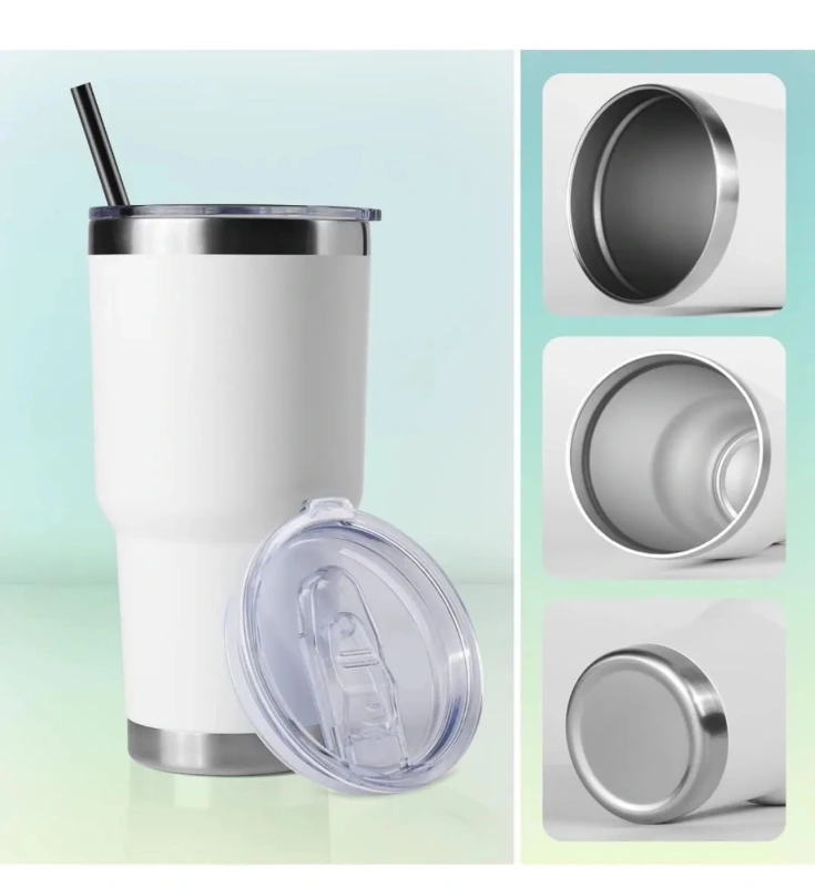 kocdam 25 Pack 30oz Powder Coated  White Car Cup Tumblers With Plastic Straws