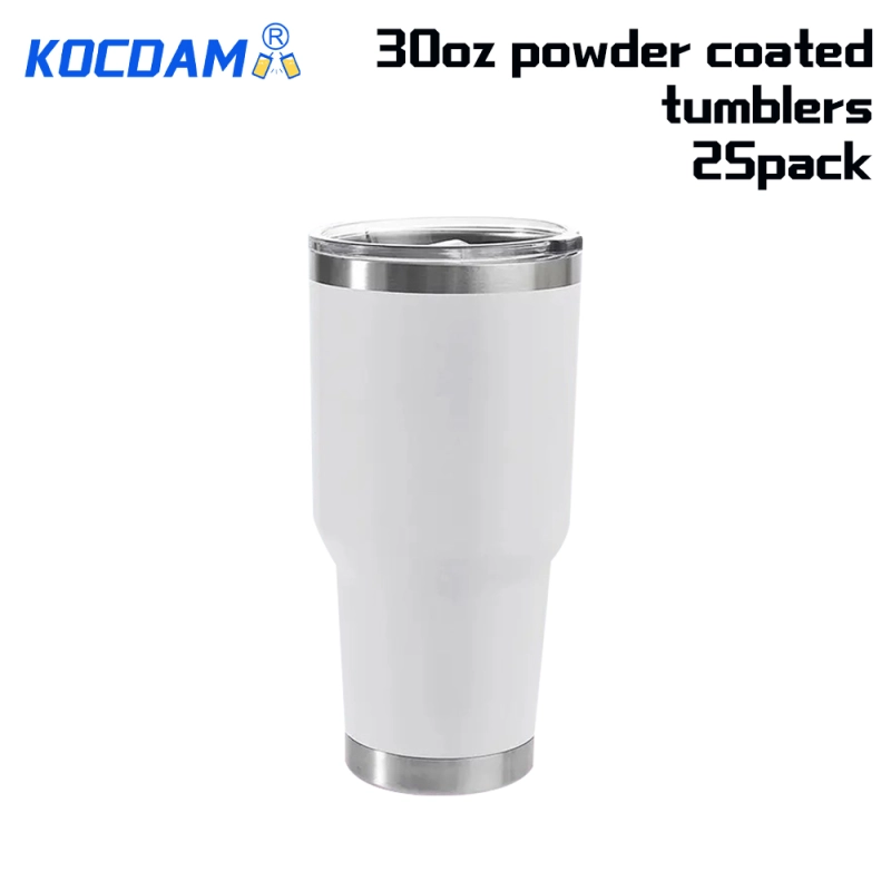 kocdam 25 Pack 30oz Powder Coated  White Car Cup Tumblers With Plastic Straws
