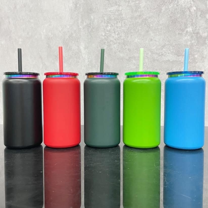 KOCDAM 25 Pack 16oz Christmas Rainbow Color Powder Coated Vacuum Stainless Steel  Cups With Color Plastic Lids and Color Plastic Straw