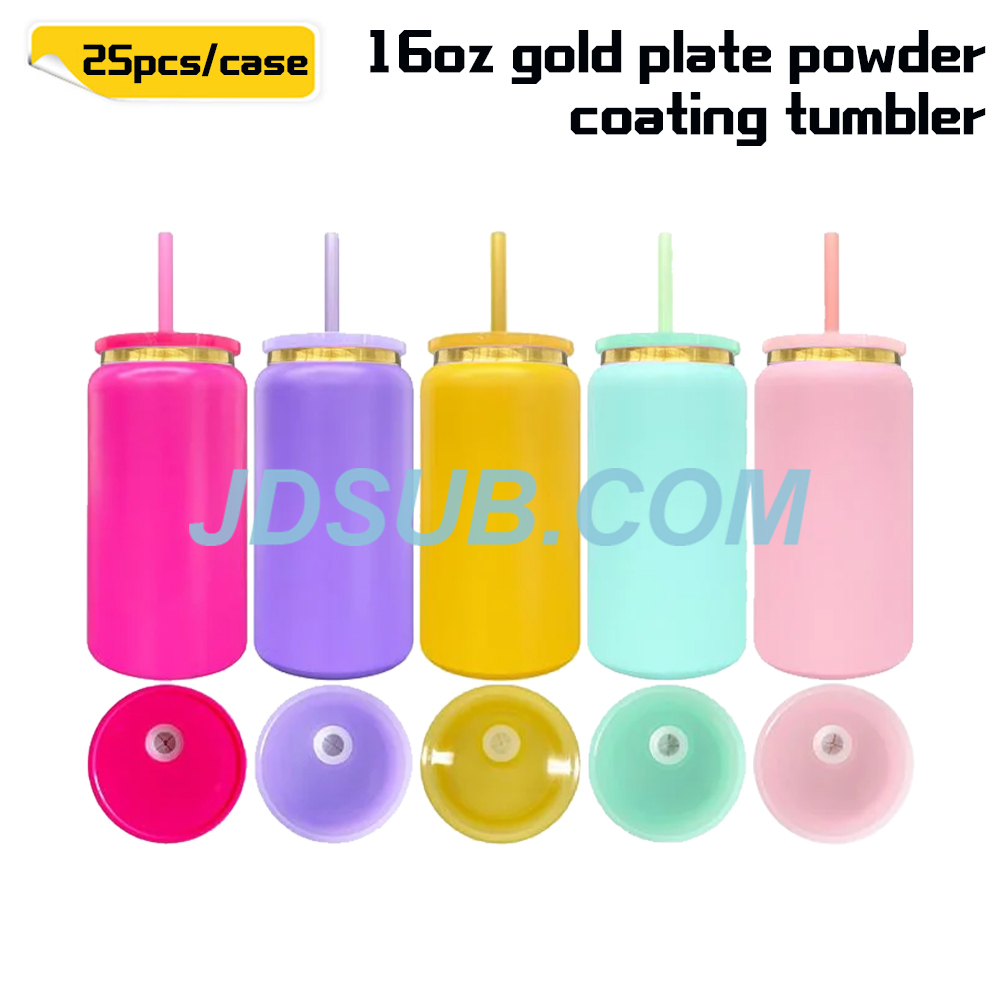 KOCDAM 25 Pack 16oz Blank Rainbow Color Powder Coated Vacuum Stainless Steel Can Gold Underneath With Color Plastic Lids and Color straw
