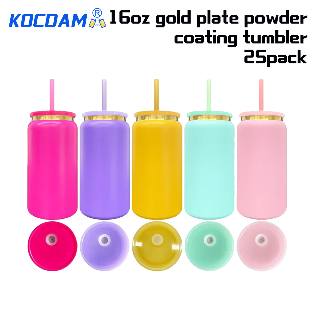 KOCDAM 25 Pack 16oz Blank Rainbow Color Powder Coated Vacuum Stainless Steel Can Gold Underneath With Color Plastic Lids and Color straw