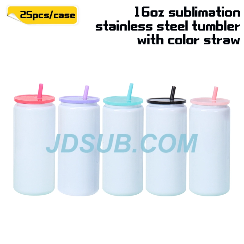 KOCDAM 25 Pack 16oz sublimation white stainless steel can with color pp lids