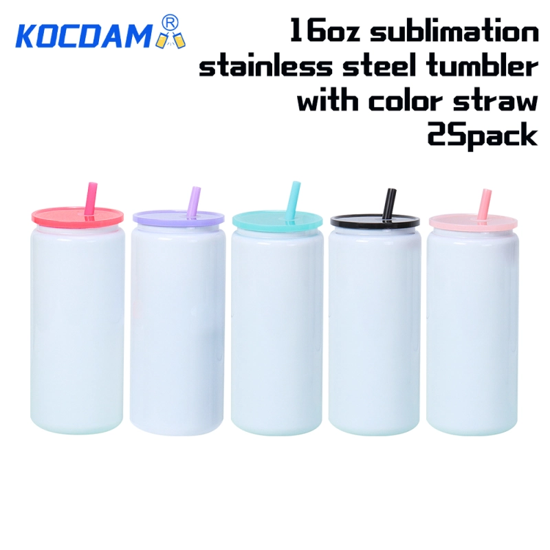 KOCDAM 25 Pack 16oz sublimation white stainless steel can with color pp lids