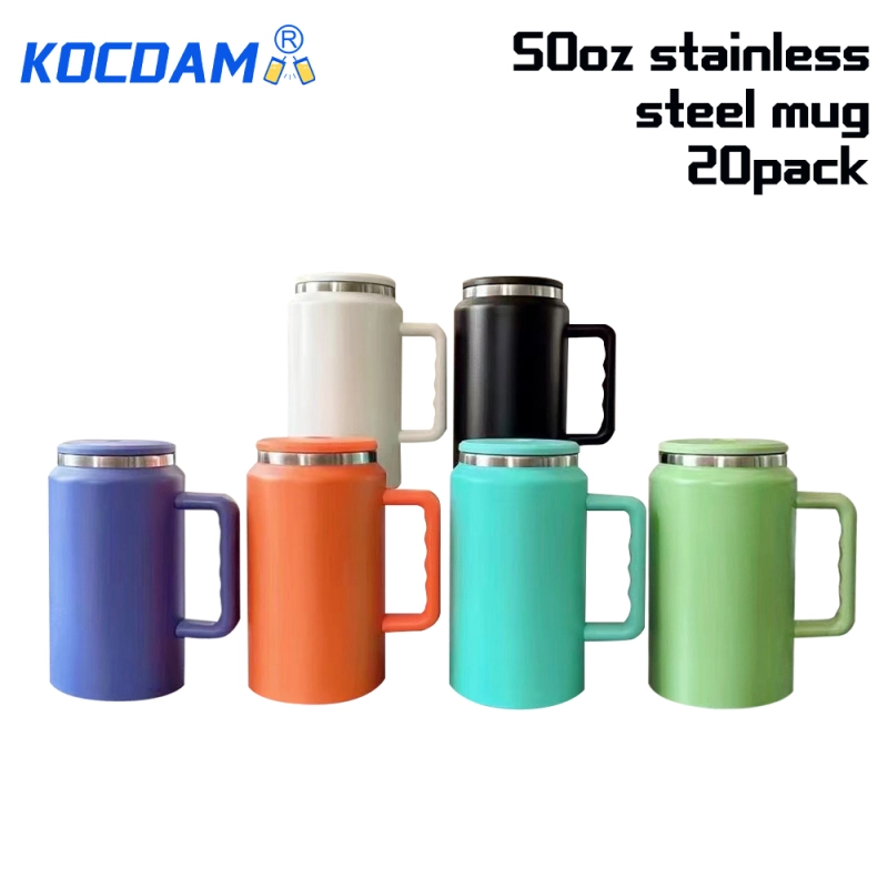 Kocdam 20 Pack 50oz 6 Colors Mixed Powder Coated Stainless Steel Cups With Handles