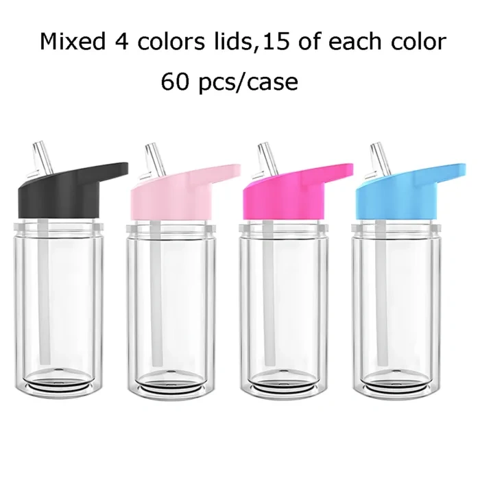 KOCDAM 60Pack 10oz Doube Wall Snow Globe Plastic Kids Bottles With Black Lids Or Colors Lids
