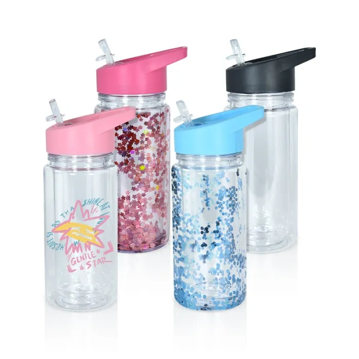 KOCDAM 60Pack 10oz Doube Wall Snow Globe Plastic Kids Bottles With Black Lids Or Colors Lids