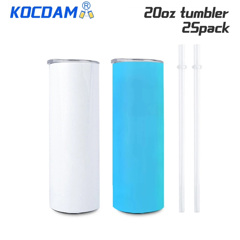 KOCDAM 25 pack 20oz Green/Blue Glow In the Dark Sublimation Straight Tumbler Blanks with Plastic Straws
