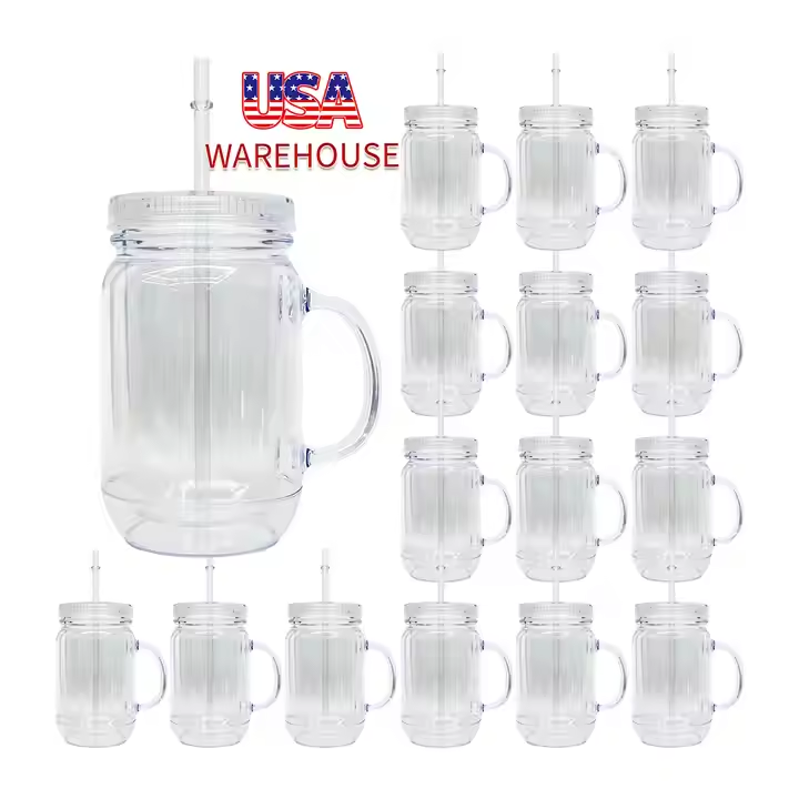 25pack 20oz Snow Globe Plastic Can Mason Jar Acrylic Mugs With Handle Without Hole