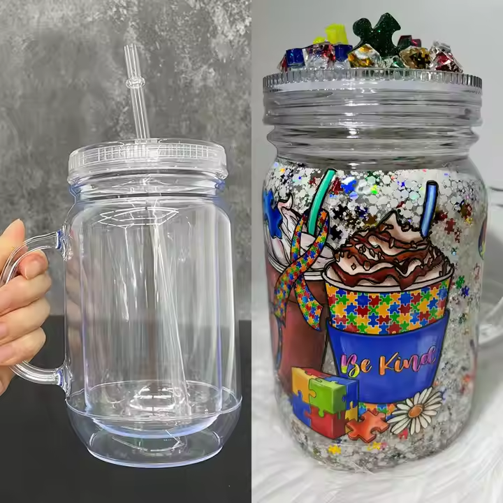 25pack 20oz Snow Globe Plastic Can Mason Jar Acrylic Mugs With Handle Without Hole