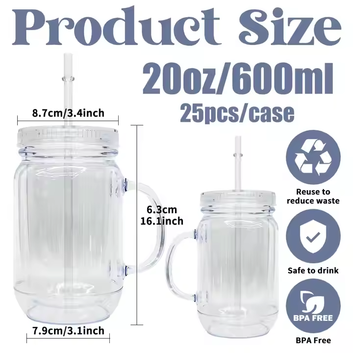 25pack 20oz Snow Globe Plastic Can Mason Jar Acrylic Mugs With Handle Without Hole