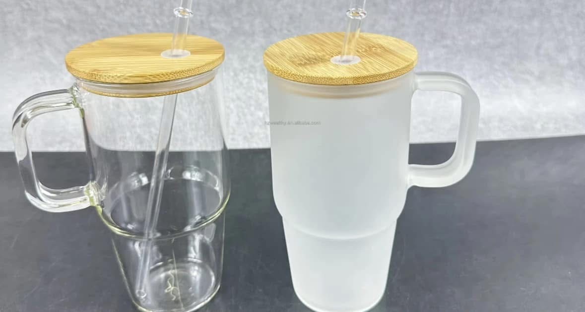 20oz clear/frosted glass mugs with bamboo lids