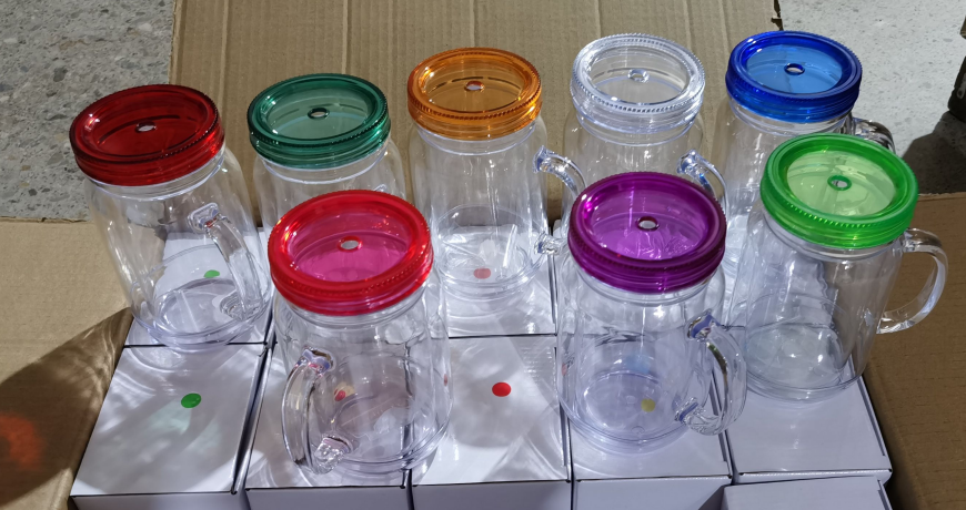 25pack 20oz Snow Globe Plastic Can Mason Jar Acrylic Mugs With Handle Without Hole
