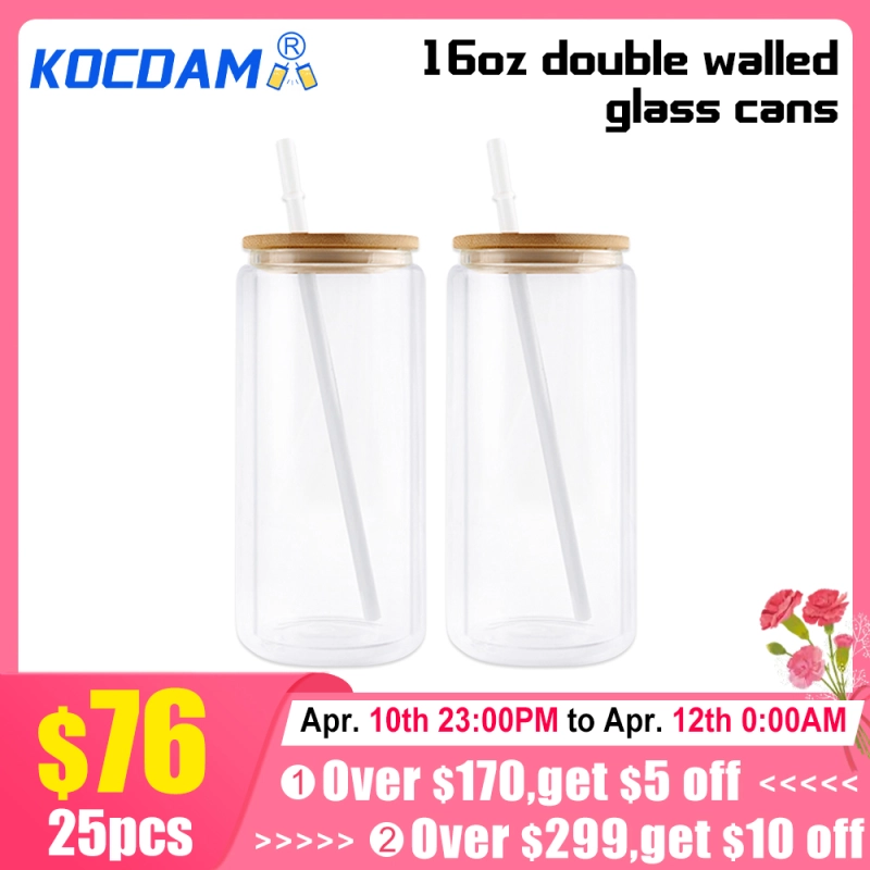 KOCDAM 25Pack 12oz 16oz 20oz Double Wall Sublimation Clear Glass Can Snow Globe Beer Glass Can With Bamboo Lids and Plastic Straw