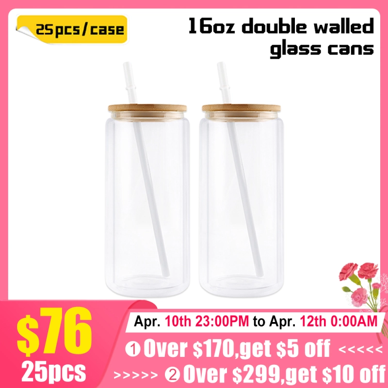 KOCDAM 25Pack 12oz 16oz 20oz Double Wall Sublimation Clear Glass Can Snow Globe Beer Glass Can With Bamboo Lids and Plastic Straw