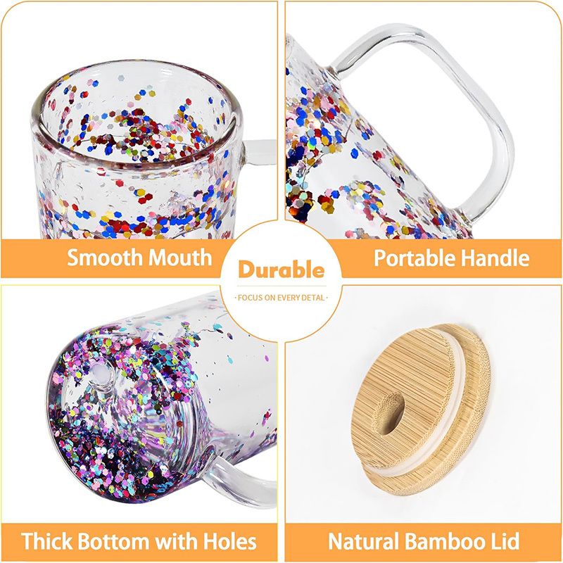 KOCDAM 25Pack 15oz Double Wall Sublimation Clear Glass Mug Snow Globe Beer Glass Can With Bamboo Lids and Plastic Straw