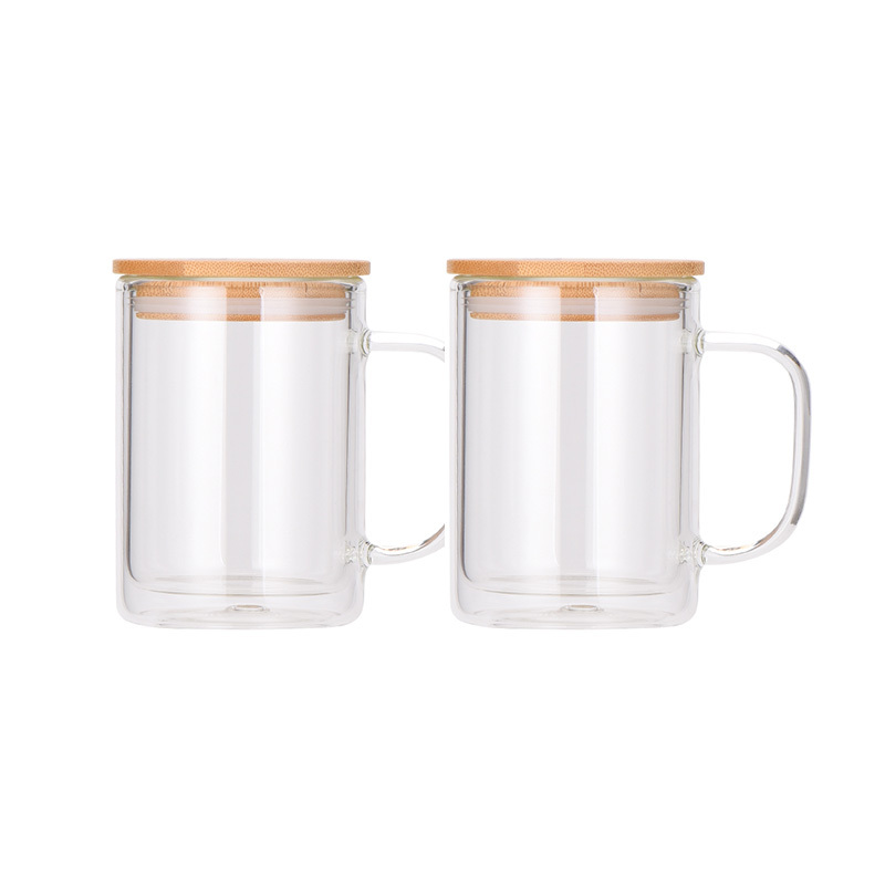 KOCDAM 25Pack 15oz Double Wall Sublimation Clear Glass Mug Snow Globe Beer Glass Can With Bamboo Lids and Plastic Straw