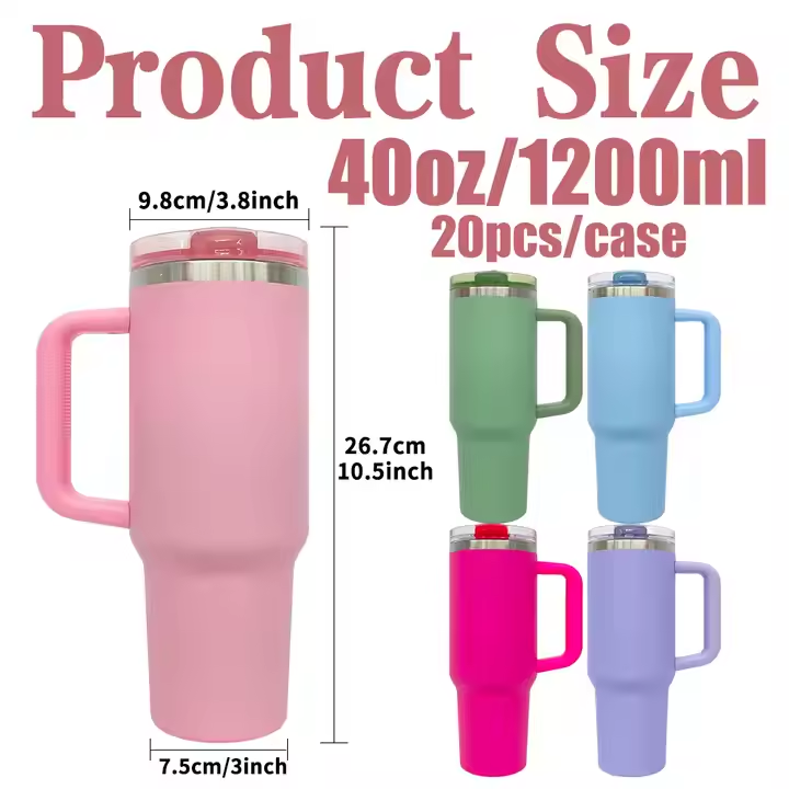 KOCDAM 20Pack Blank Sublimation Leak Proof 40OZ Macaroon Stainless Steel Tumbler with Removable Flip Straw Lid and Handle for Drinking