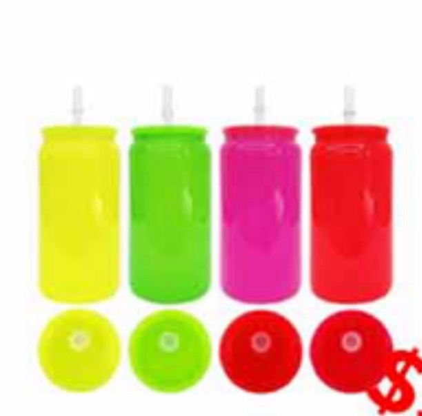 KOCDAM 25/50 Pack 16oz Sublimation Neon Colors Libby Glass Jar Can with plastic colored Lids and Plastic Straw