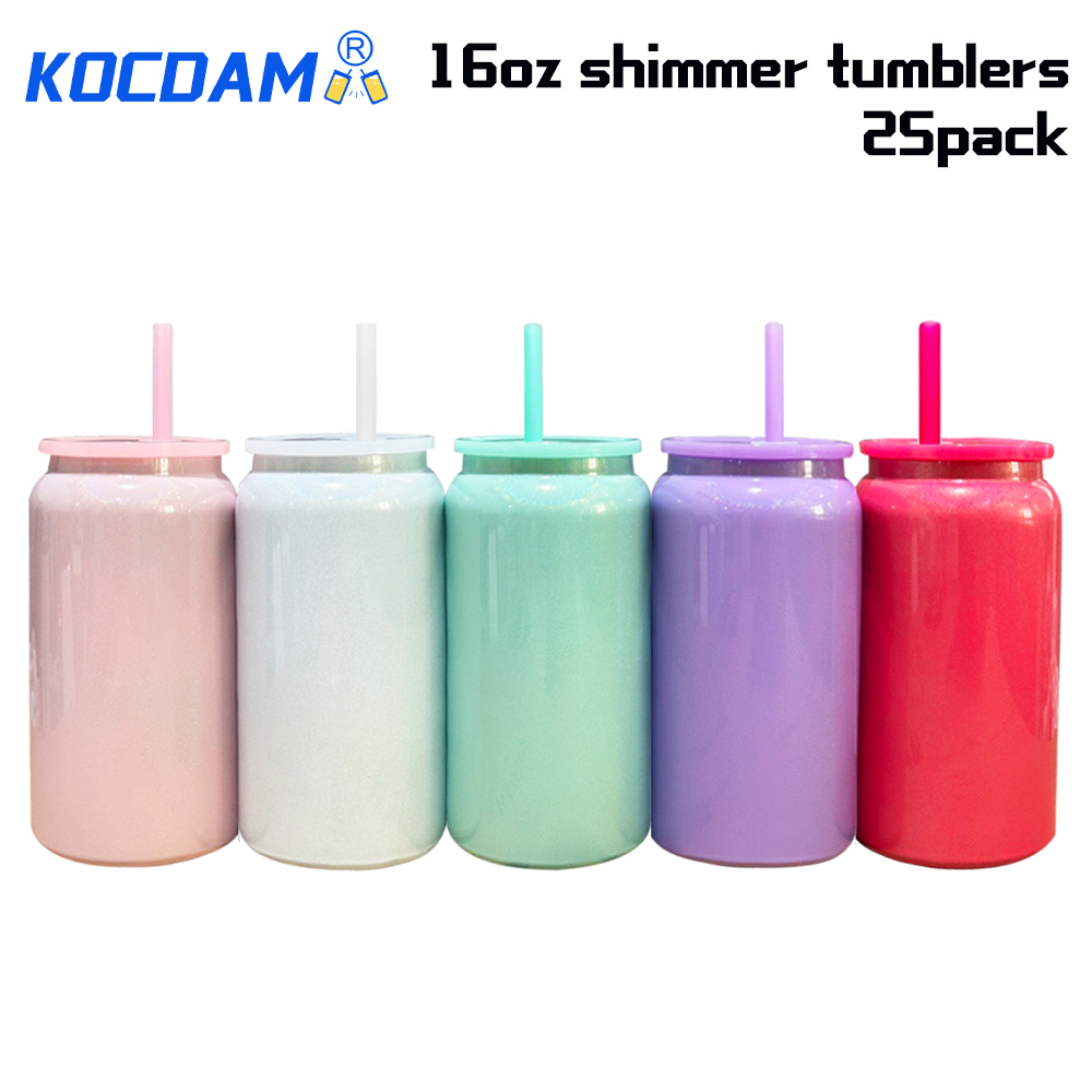 KOCDAM 25 Pack 16oz Blank Sublimation Shimmer Vacuum Stainless Steel Can  With Color Plastic Lids and Color straw