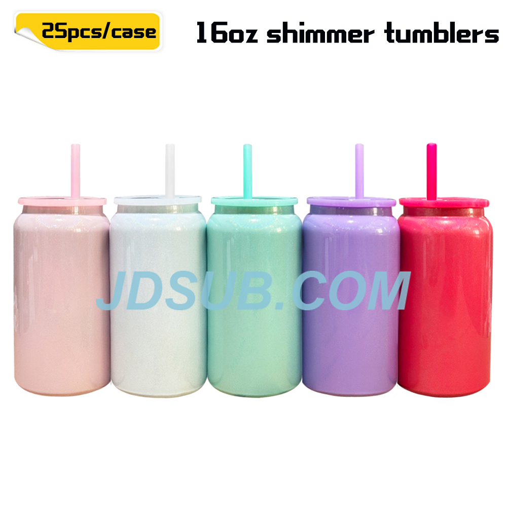 KOCDAM 25 Pack 16oz Blank Sublimation Shimmer Vacuum Stainless Steel Can  With Color Plastic Lids and Color straw