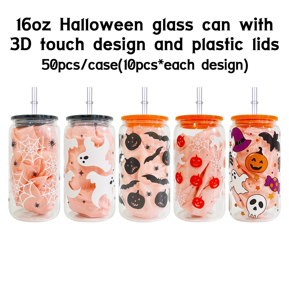 US Warehouse 50 Pack 16oz Halloween Glass Can With 3D Touch Design And Plastic Lids