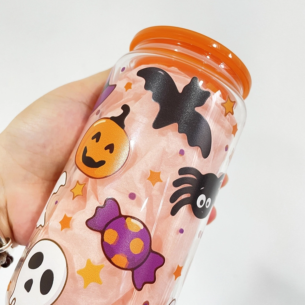 US Warehouse 50 Pack 16oz Halloween Glass Can With 3D Touch Design And Plastic Lids