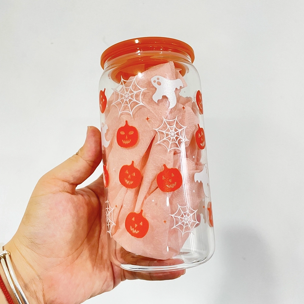 US Warehouse 50 Pack 16oz Halloween Glass Can With 3D Touch Design And Plastic Lids