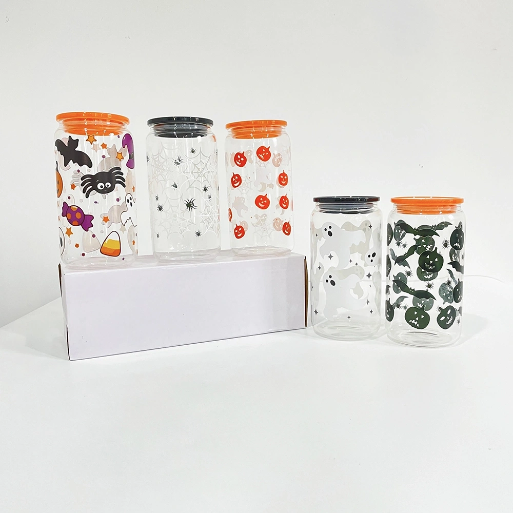 US Warehouse 50 Pack 16oz Halloween Glass Can With 3D Touch Design And Plastic Lids