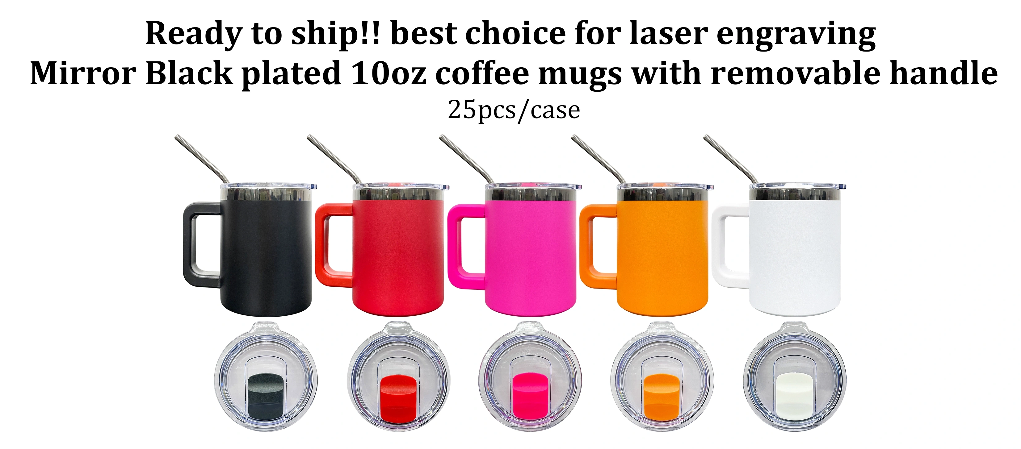 KOCDAM 25 Pack USA Warehouse 10oz Black Plated Lowball Metal Tumblers for Laser Engraving With Removable Plastic Handle Water Cups With Magnetic Lids and Stainless Steel Straw
