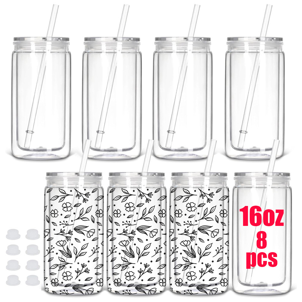 KOCDAM 8/25/50 Pack 16oz Snowglobe Double Walled Plastic Cups With Colors Plastic Lids And Colors Plastic Straw