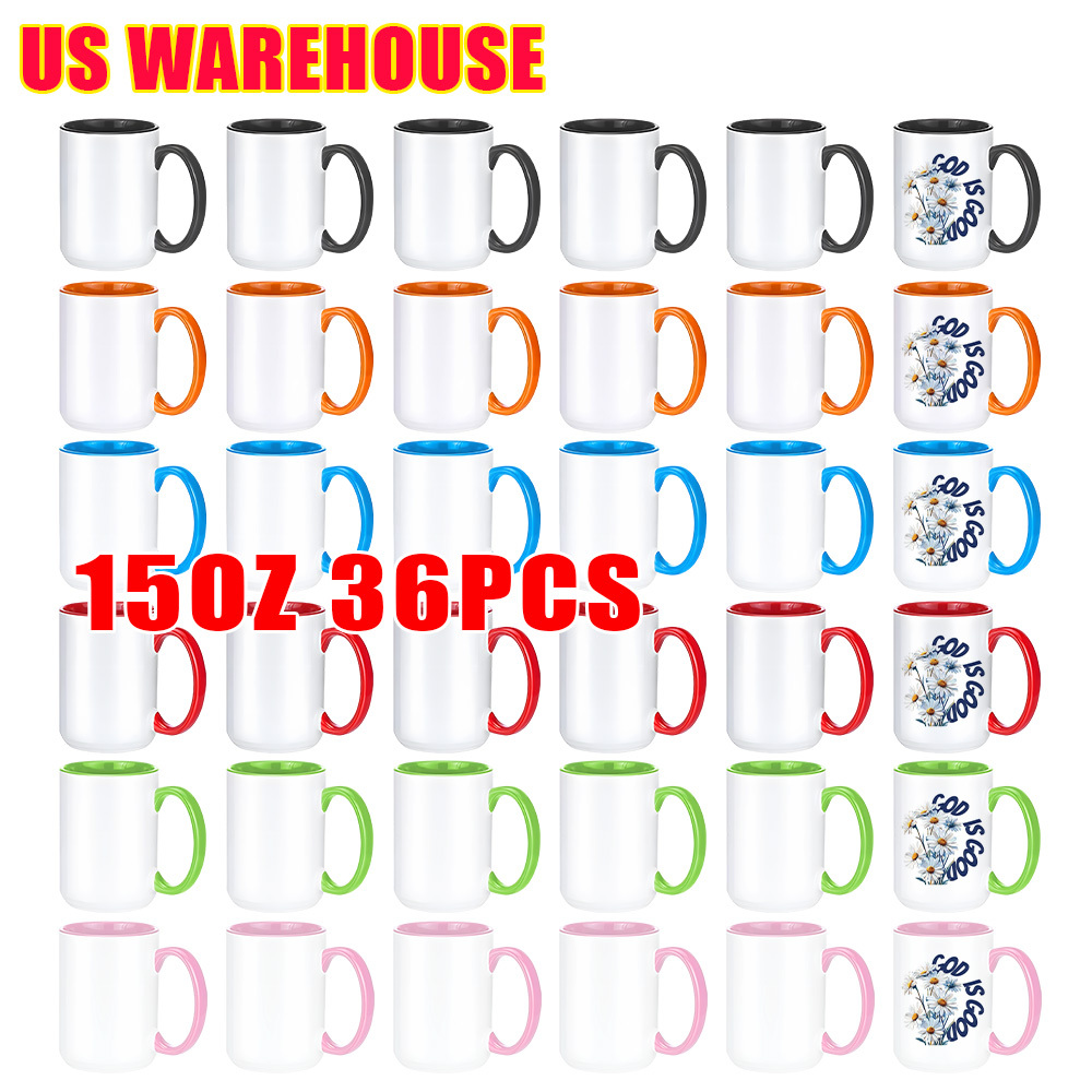 KOCDAM 36pack 15oz White/Color Glossy Ceramic Sublimation Mug with Handle