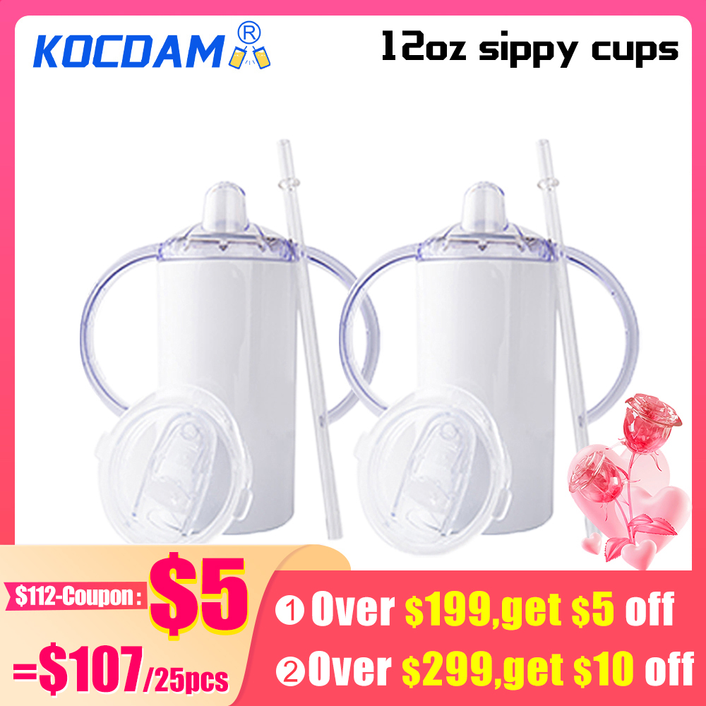KOCDAM 25 Pack 12oz Stainless Steel Straight Sublimation Blanks Sippy Cup Tumbler With Duo Lid